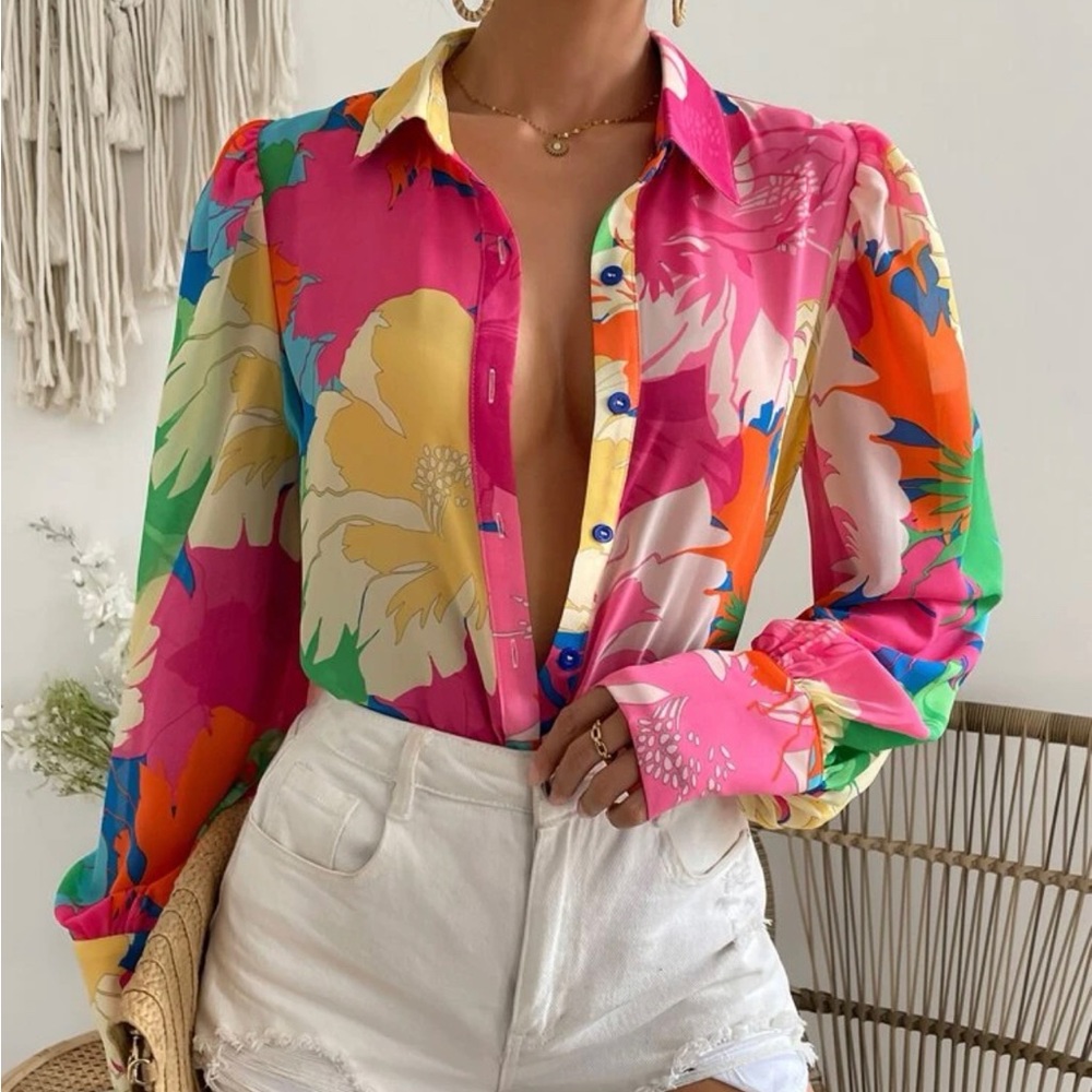 Floral print puff sleeve blouse M
